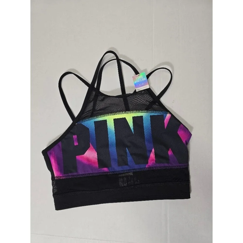 Victoria's Secret PINK Ultimate Sports Bra Black Rainbow Logo Mesh‎ S NWT
